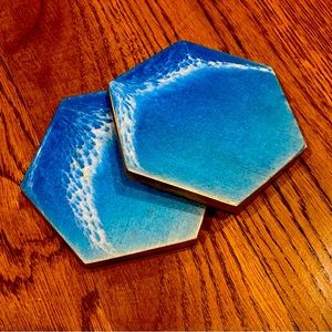 Handmade wooden coasters, blue/white epoxy gold painted edges. Ocean wave style.